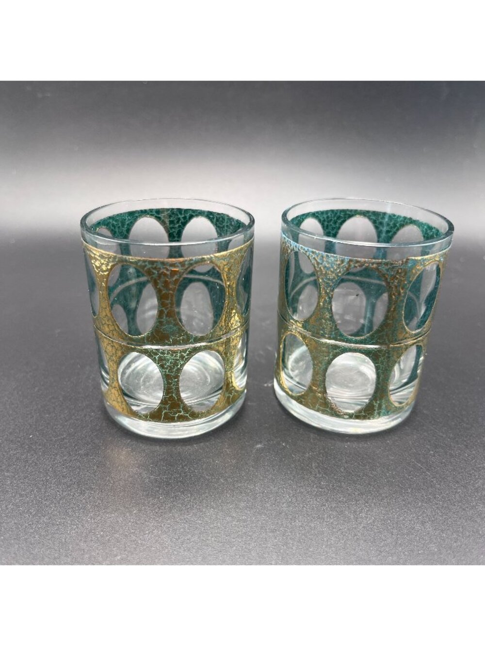 Vintage Culver Piza Double Shot Glasses // Set of 2 // Gold & Green Textured